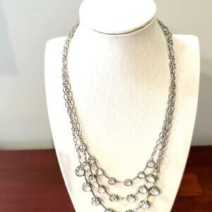White House Black Market WHBM silver necklace Triple layer crystals CZ